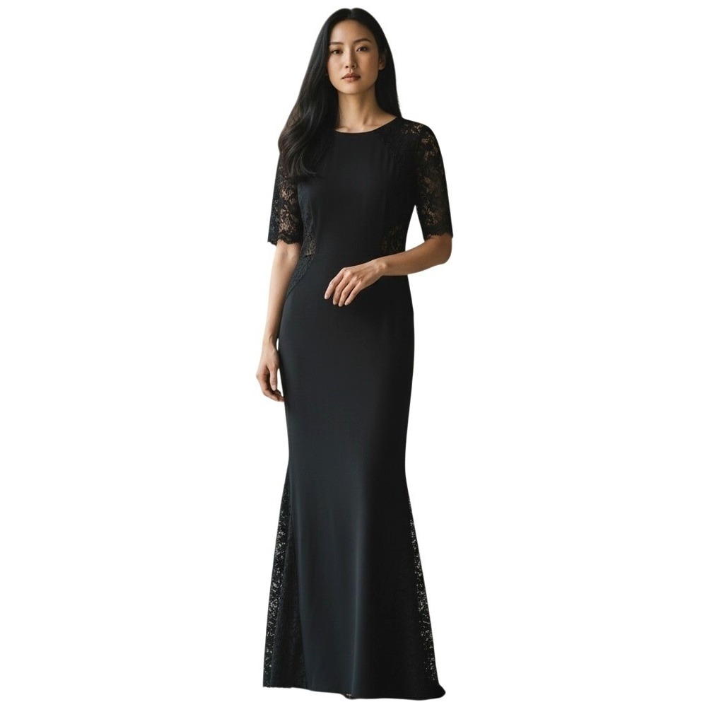 Fortric Black Lace Mermaid Maxi Gown‎ Elbow Sleeve Formal Evening Dress Small